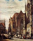 Many Figures On The Market Square In Front Of The Martinikirche, Braunschweig by Cornelis Springer
